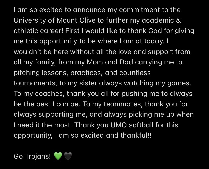 Go Trojans!! 💚🖤 <a href="/UMOSoftball/">Mount Olive Softball</a> <a href="/UMO_CoachLuke/">Coach Luke - UMO</a> <a href="/CoachMandy13/">Mandy Sansbury🥎</a> <a href="/TJSmothers/">CoachTJ-UMO</a> <a href="/swstorm_navy/">south wake storm navy</a>