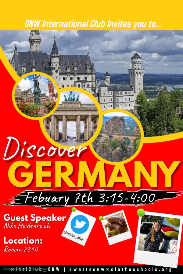 IntlClub_ONW's tweet photo. Guten Tag! Want to meet ONW's exchange student from Germany? Nike Heidenreich will be presenting about her experiences &amp; Germany. She's also got some goodies cooking up for us! Come at 3:15 to room 2310 on Tues.  Feb. 7th! Bis dann! @RavenPrideONW @ONWRavenNetwork https://t.co/jB5eZDzJH0