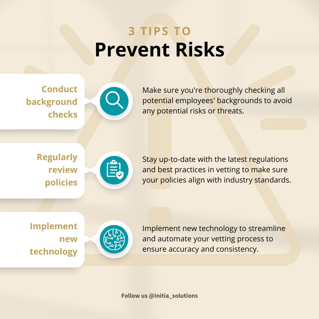 InitiaSolutions's tweet photo. Protect your company from the risks of improper vetting! 

Contact us to learn more about how Initia can help you.

#Vetting #RiskPrevention #BusinessSecurity #Initia https://t.co/P83pmhwtCy