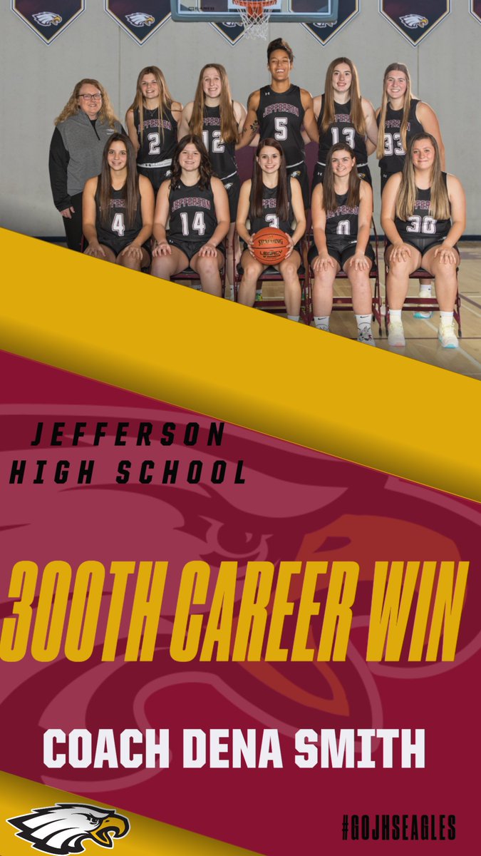 GoJHSEagles's tweet photo. CONGRATULATIONS to Eagles Girls Basketball Coach Dena Smith on earning her 300th career win last night!  The Lady Eagles got the W over Whitewater with a 3-point buzzer-beater by Jena Lenz!  Congrats Coach Smith &amp; way to go Eagles!
#EaglePride
#gojhseagles https://t.co/0jq6vhRwC1