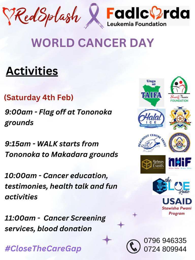 redsplash_kenya's tweet photo. It’s almost here! 
Come join us tomorrow at Tononoka Grounds from 9:00am.
We shall be having a Blood Drive too.
Be sure to carry your own bottles, Maji bure.
#WorldCancerDay #CloseTheCareGap 
#ClimateAction #blooddonation https://t.co/C802ALVF1w