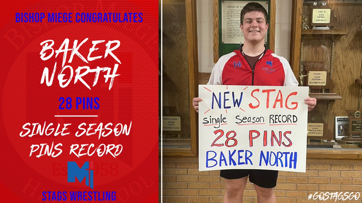 BishopMiegeGDay's tweet photo. Congratulations to JR HWT Baker North on setting the single season pins record! Good luck to Baker and the rest of the Stags this weekend at the EKL Tournament. #GoStagsGo https://t.co/xYUvmpAYbZ