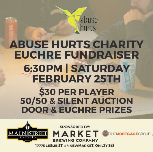 <a href="/MarketBrewing/">Market Brewing Co.</a> is hosting a euchre tournament for #abusehurts Sat Feb 26 sponsored by #mainstreetrealtybrokeragenewmarket and <a href="/colognabroker/">Carol Cologna</a> of The Mortgage Company