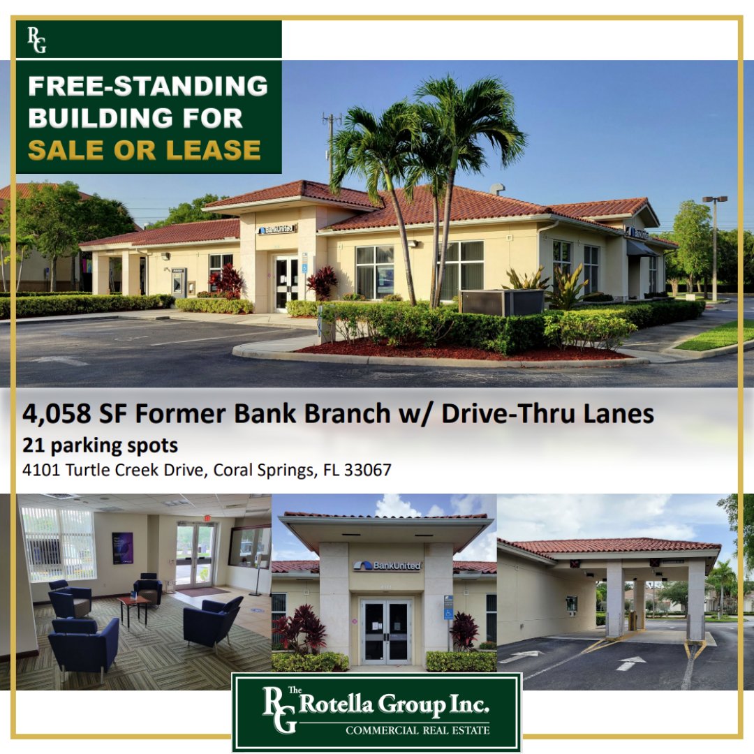 RotellaGp's tweet photo. FORMER BANK BRANCH WITH DRIVE-THRU LANES FOR SALE OR FOR LEASE
• 4 Tellers
• Tile floors in lobby
• Carpet in Offices and Common Areas
• 6 Offices
• Zone B-2

Please contact our agents for details
clint@rotellagroup.com
mike@rotellagroup.com

O: 954-568-9015
#business https://t.co/PNXAQFAHQo