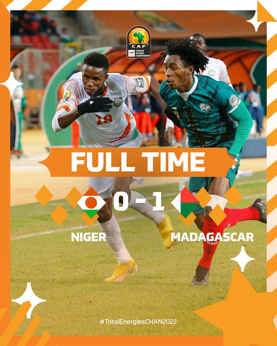 CAF_Online_PT's tweet photo. FIM DE JOGO! โฐ
Jean Razafindrakoto marca no fim e Madagascar vence o jogo pelo 3ยบ lugar ๐ฒ๐ฌ
#TotalEnergiesCHAN2022 | #NIGMAD https://t.co/cJAcln8hta
