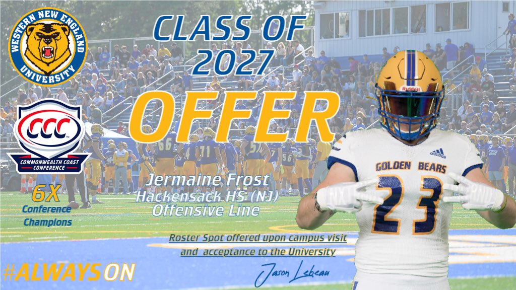 Jermainefrost5's tweet photo. I am blessed to receive my first official offer from Western New England university @Coach_Lebeau @Coach_Ressler @HackensackFoot1 @GordonScooter https://t.co/ONYyflSyQ2