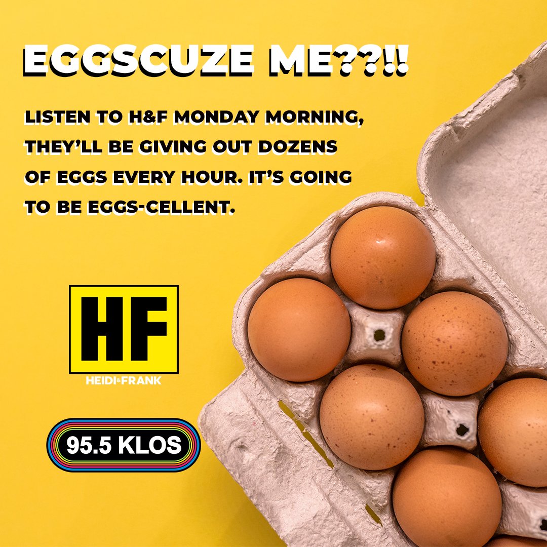 955KLOS's tweet photo. Egg prices are officially F-ing Egg-grengious 😡  Egg-scue me? Over $7 a dozen??  
Well, The KLOS breakfast heroes are crackin' the Egg-citing case!  Listen to @heidiandfrank_ Monday morning cuz  they'll be giving away dozens of eggs every hour.  It's going to be Eggs-cellent 🍳 https://t.co/MEsNoUSCLj
