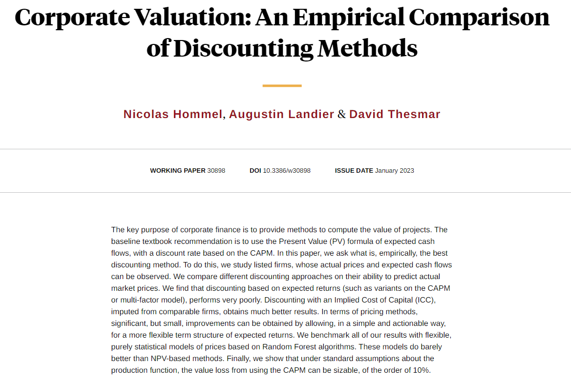 nberpubs's tweet photo. CAPM-based measures of the cost of capital are poor. The IRR of comparable firms explains the cross-section of firm values much better, and is easy to implement, from Nicolas Hommel, @augustinlandier, and @dthesmar https://t.co/tPti6ucLuG https://t.co/UvH2wm03Ea
