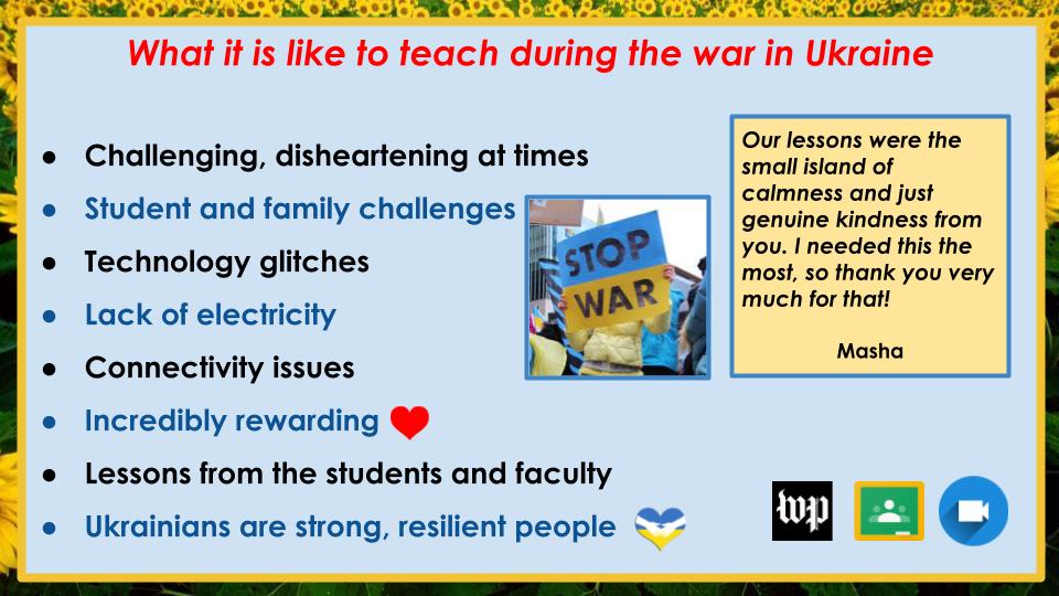 The presentation at the TESOL International ICIS webinar went well. Such powerful stories, especially from Ukrainian educators in Ukraine. They are my superheroes for their resilience and dedication. I teach from the comfort and safety of my home. They do not. 🇺🇦 ❤️

<a href="/ELPrograms/">English Language Programs</a>