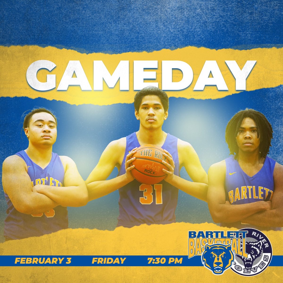 Bartlett Golden Bears 🔵🟡
             -VS- 
Eagle River Wolves  🏀

Tonight, 7:30pm, At Bartlett HS 🏢

LETS GO BEARSSSSS ! 🐻