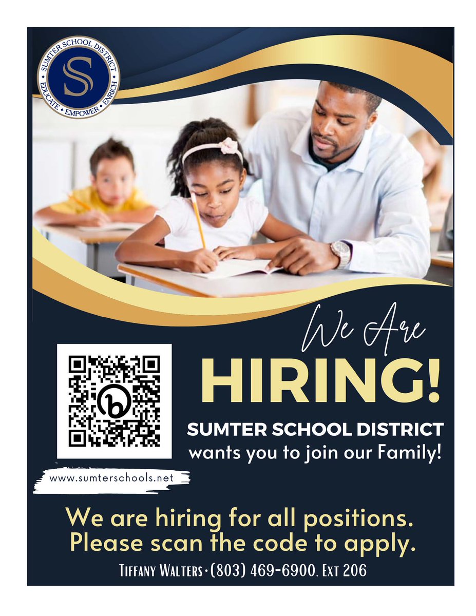jlessard32's tweet photo. Ready to make a difference in students' lives? Join the team at #SumterSchoolDistrict. We're hiring top-notch educators. Apply now and help shape the future #TeachSumter #EducationMatters #Hiring #joinourSSDfamily @SumterSCSchools https://t.co/QGr9aUVBCK