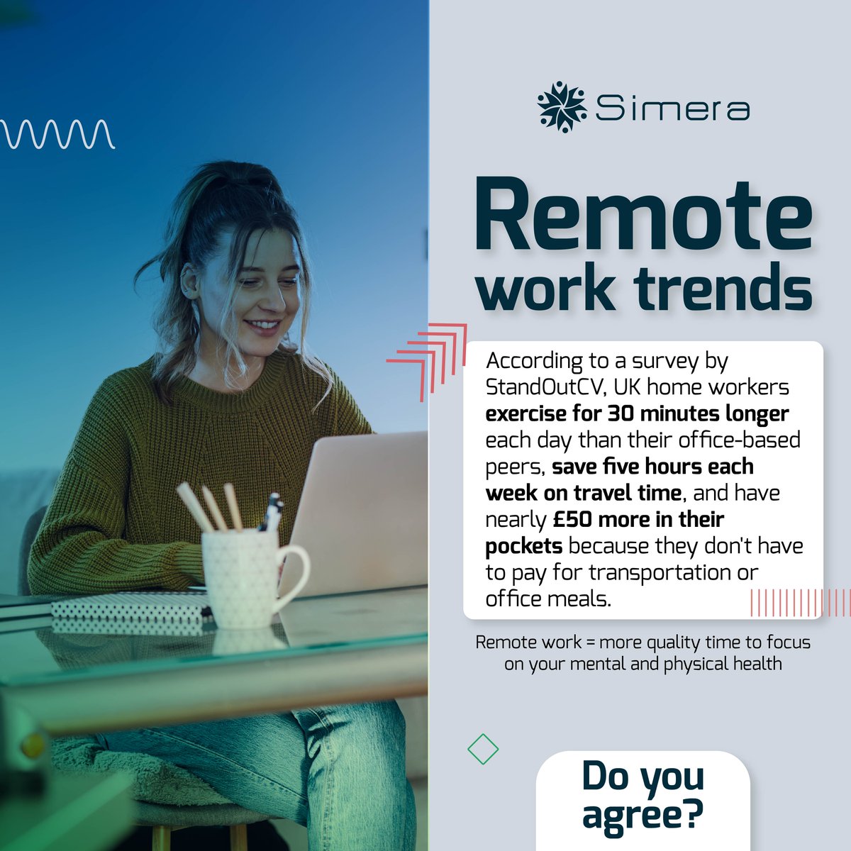 It's an undeniable truth that remote work is a time saver 🕓. When you start working remotely, all the time you used to spend on transportation to your office has the potential to become quality time for your personal growth.👏 #SimeraCommunity