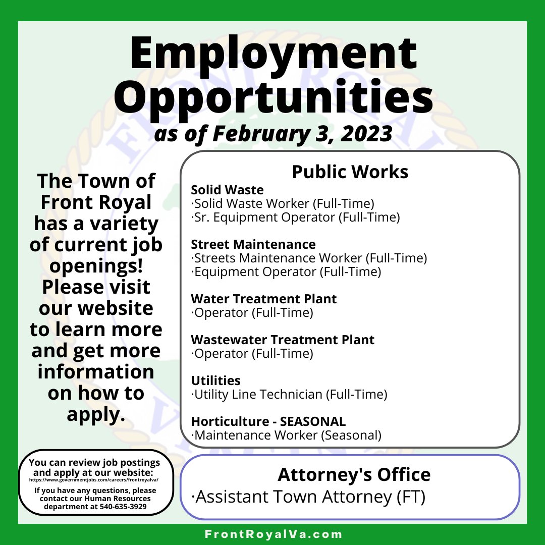 Come work for the Town! governmentjobs.com/careers/frontr… #frontroyalva #governmentjobs #shenandoahvalley #localgovernment #hiringnow