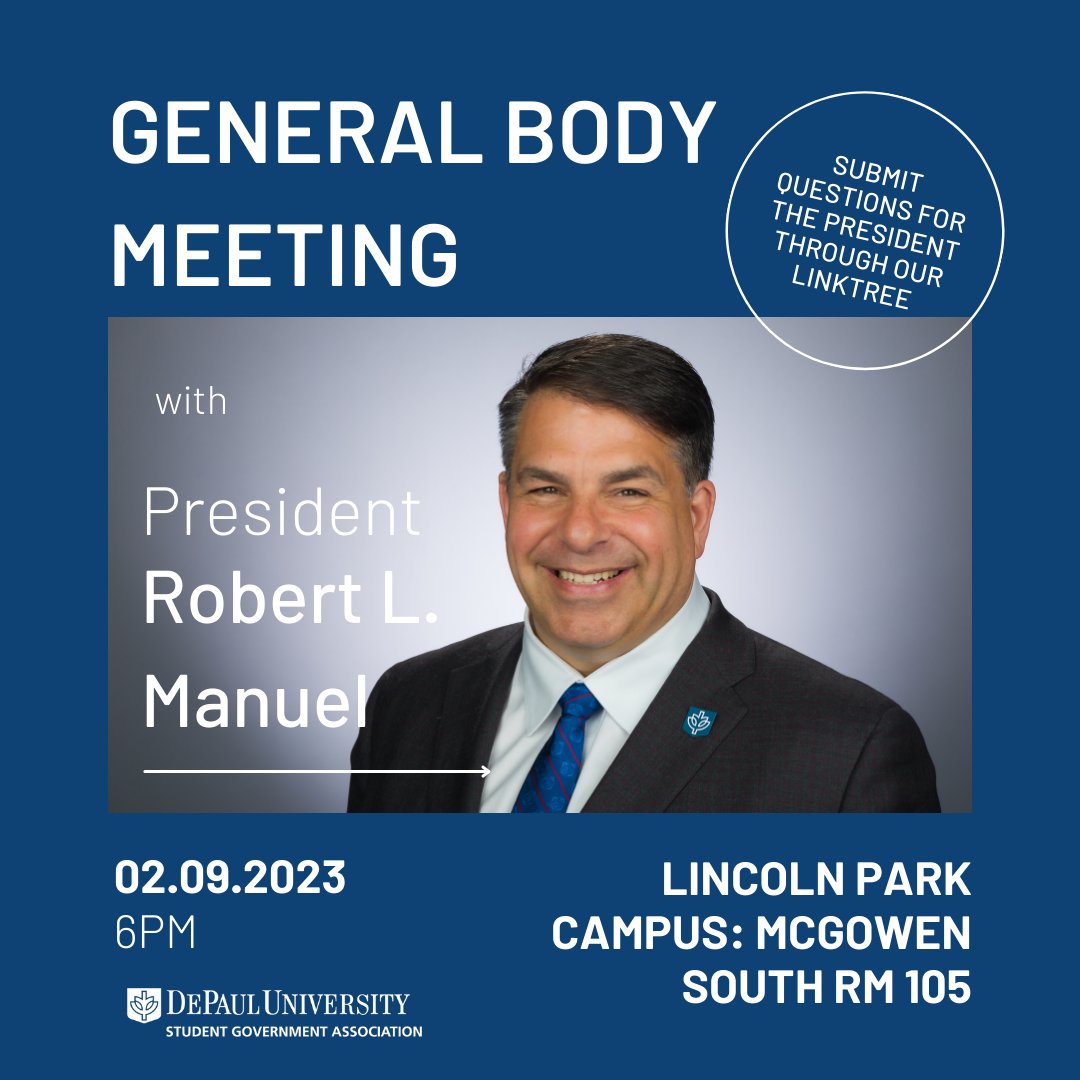 SGA is excited to host President Rob Manuel at our General Body next week! If you would like to submit a question for our president to answer, you can do so using the link in our bio (Google form).

Meetings: LLPC, in McGowan South (Room 105) at 6:00PM!