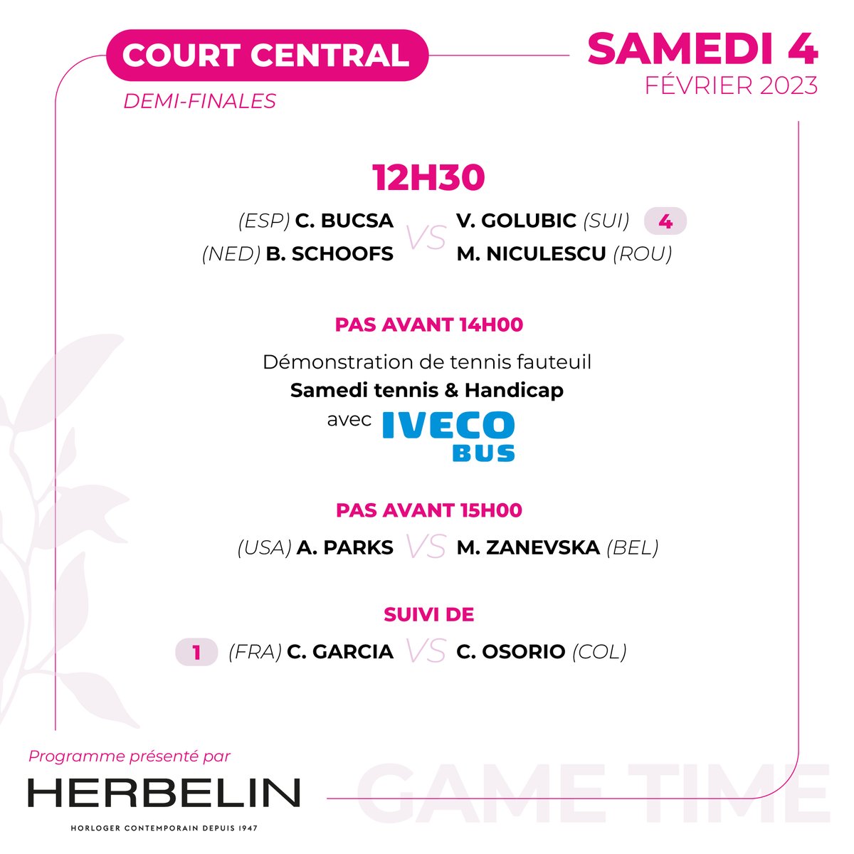 📅 LE PROGRAMME DU SAMEDI 4 FEVRIER 📅

🤩 Notre partenaire Herbelin vous présente le programme de demain !

🇫🇷 Caroline Garcia joue sa place en finale dans la seconde demi-finale de la journée !

#wta #wta250 #O6SLM23