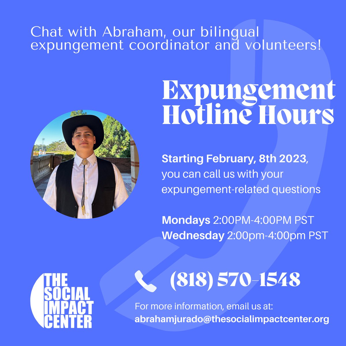 SocialImpactCtr's tweet photo. 📲 Next week on Wednesday! Our Expungement hotline reopens and we are here to help you with your expungement intake form! As we are building out of flow, we will be available Mondays and Wednesdays from 2pm-4pm! #bilingual #expungement #livescans https://t.co/GfKEywEpEN
