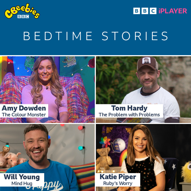 CBeebiesHQ's tweet photo. We have these great stories coming up for Children's Mental Health Week.

How do you talk your child about their worries? 🤔

5th Feb: @dowden_amy 
6th Feb: Tom Hardy
8th Feb: @willyoung 
9th Feb: @KatiePiper_ 

#MentalHealthAwareness #CBeebiesBedtimeStories https://t.co/DQmSrxSqAf