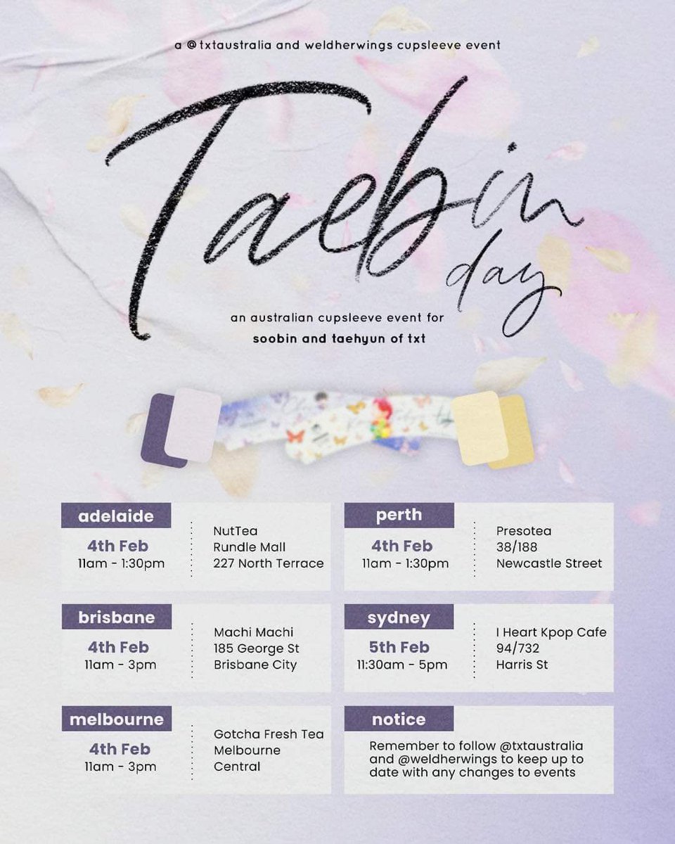 TXTAustralia's tweet photo. [❗️TAEBIN CUPSLEEVE EVENT❗️]

Hope everyone is keen for the Taebin cupsleeve events that are happening today and for Sydney's tomorrow! Keen to see y'all there!

#TXTAustralia #TAEHYUN
#SOOBIN #TXTeaAus #TXTAusTea https://t.co/fRxU91hj7C
