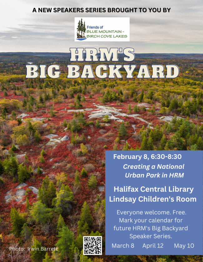 HikeNS's tweet photo. On Feb. 8 from 6:30-8:30pm, @FriendsBMBCL is hosting a new speakers series: HRM’s Big Backyard. Open to everyone. Pascale Salah will lead a discussion on Creating a National Urban Park  through the federal government project process. #HikeNS #BMBCL https://t.co/yjRIjA4a3X