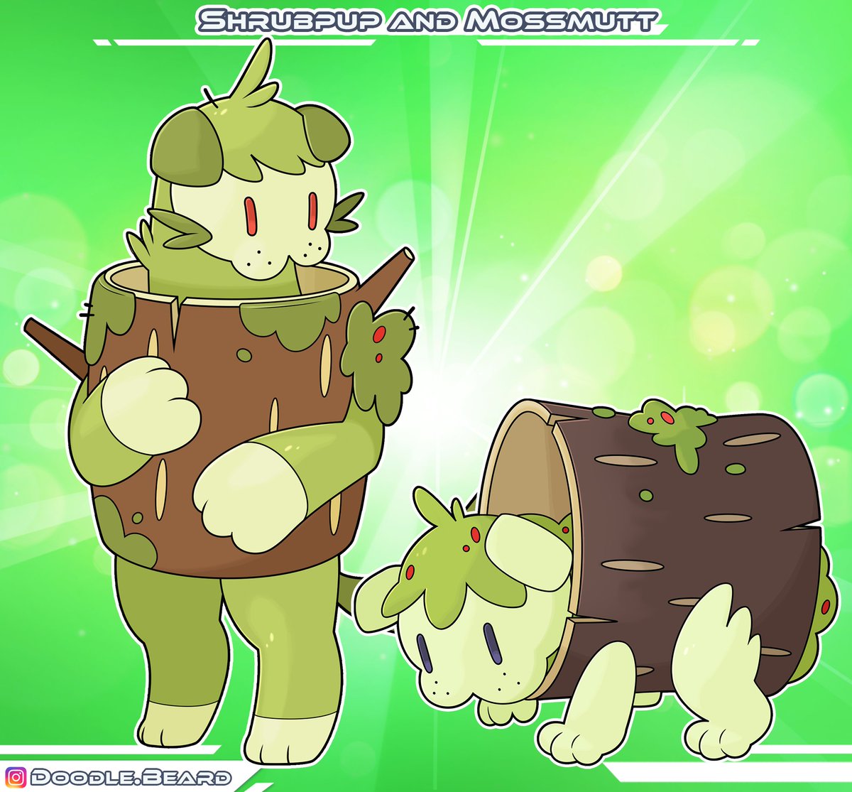 Shrubpup and Mossmutt, Grass/Normal Type Pokemon. #pokemon #fakemon #moss #dog #log