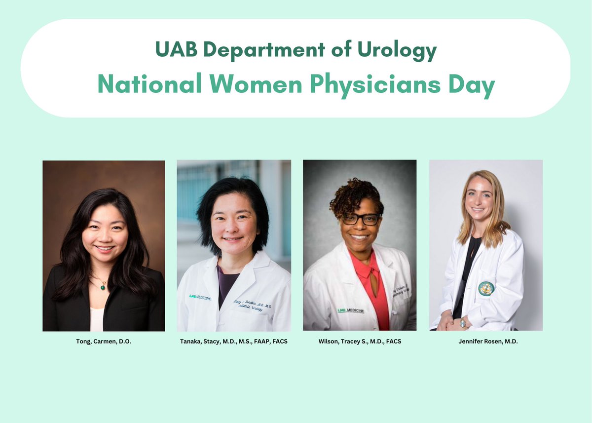 UAB Urology (@uaburology) on Twitter photo Today we would like to celebrate:
#NationalWomenPhysiciansDay!
The gender gap in #urology is slowly closing while bringing more diverse perspectives to the field๐ Ft. our female physician faculty members and Chief Resident, Dr. Rosen!
<a href="/UABHeersink/">UAB Heersink School of Medicine</a> <a href="/uabmedicine/">UAB Medicine</a> Today we would like to celebrate:
#NationalWomenPhysiciansDay!
The gender gap in #urology is slowly closing while bringing more diverse perspectives to the field๐ Ft. our female physician faculty members and Chief Resident, Dr. Rosen!
<a href="/UABHeersink/">UAB Heersink School of Medicine</a> <a href="/uabmedicine/">UAB Medicine</a>