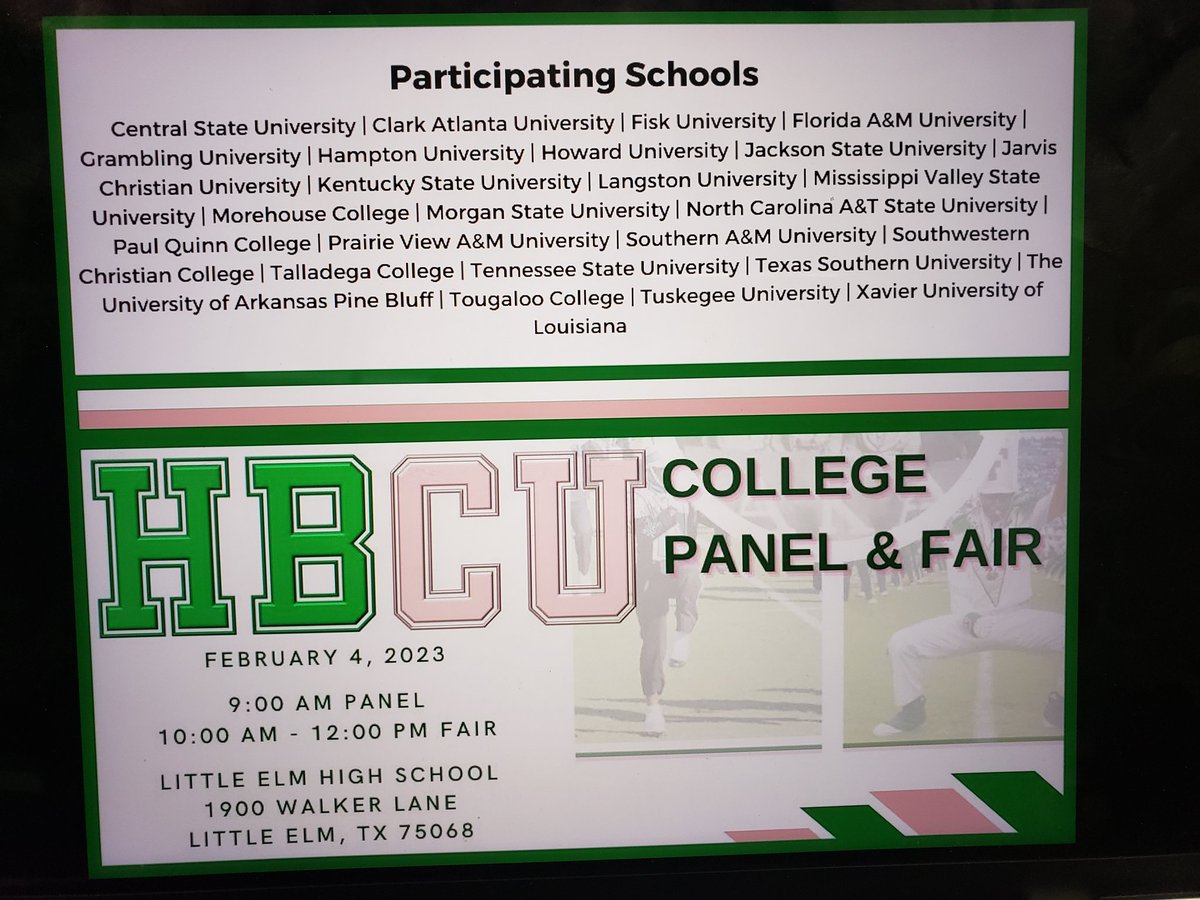 HBCU College Fair <a href="/LittleElmHS/">Little Elm HS</a> tomorrow from 9 am to noon! Three $500 scholarships will be raffled off to seniors in attendance! You don't want to miss it! <a href="/lecollegeready/">LE College Readiness</a> @LEHS_Principal #loboscollegebound