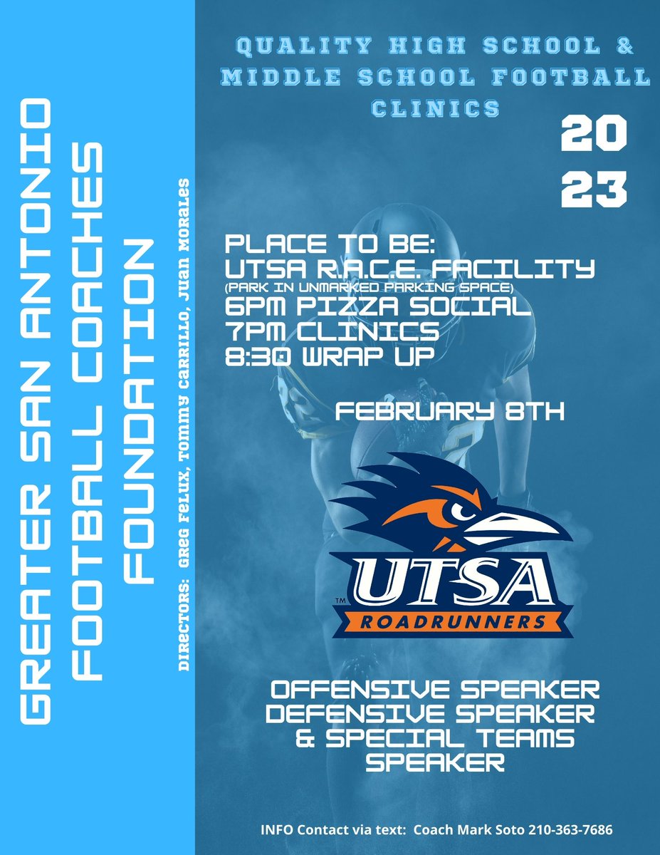 Inviting all are High School and Middle School coaches.  All-in-one Clinic by the Greater San Antonio Area Coaches foundation.  Most district AD's have already paid but if not bring $10 at the door. <a href="/gsafcf/">GSAFCF</a> <a href="/jisd/">Grace Traylor</a> <a href="/NISD_Athletics/">NISD_Athletics</a> <a href="/SAISDAthletics/">SAISD Athletics</a> <a href="/NeisdAthletics/">NEISD ATHLETICS</a> <a href="/CoachTraylor/">Jeff Traylor</a>