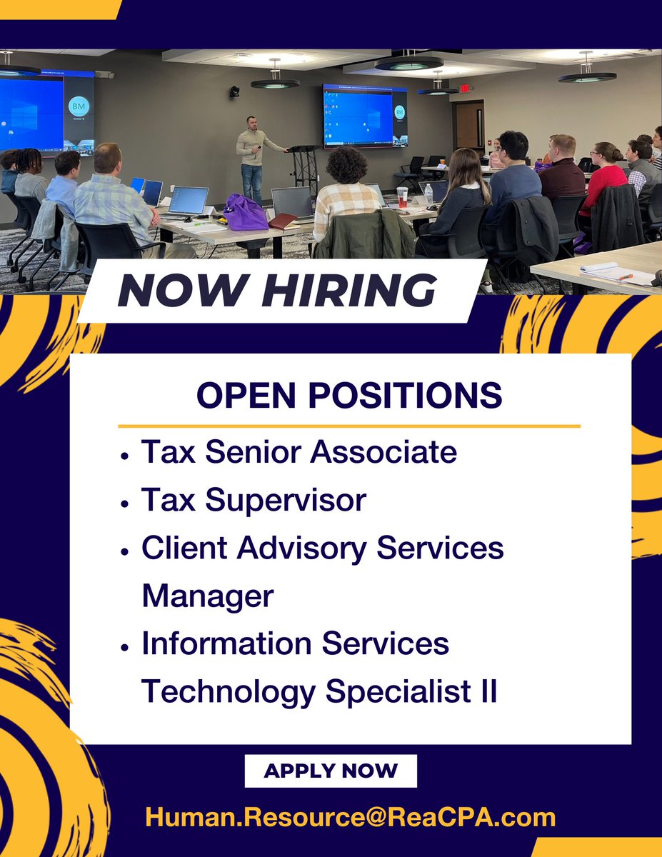 rwest45's tweet photo. Rea is hiring these various positions! If you, or someone you know would be interested apply today on our website reacpa.​com/careers or email human.resources@reacpa.​com. 

https://www.reacpa.​com/submit-your-resume/ https://t.co/Qbn2OfkdLc