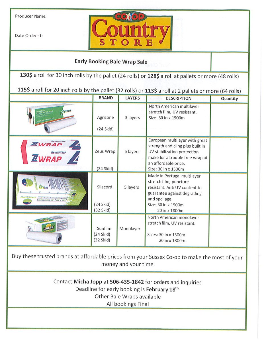 Bale wrap early booking is here!
Deadline for booking: February 18th! 
Contact Micha Jopp @ (506) 435-1842 for inquiries!