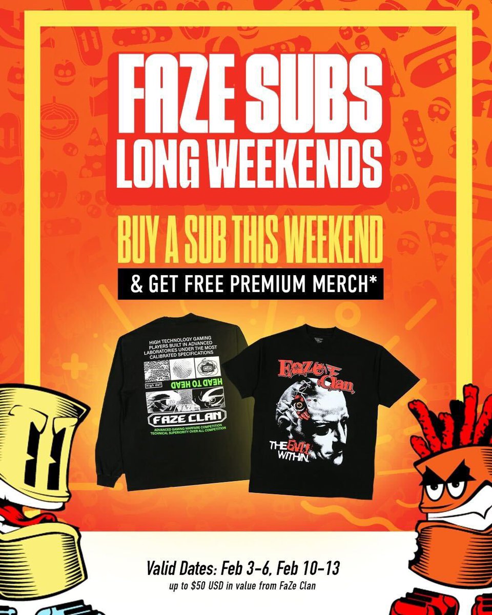 We’re having a Sub-a-thon this weekend and celebrating with FREE MERCH!

Order a sub from Friday to Sunday and get $50 to the FaZe Shop.

Make sure to scan the QR code on the box to redeem your offer.