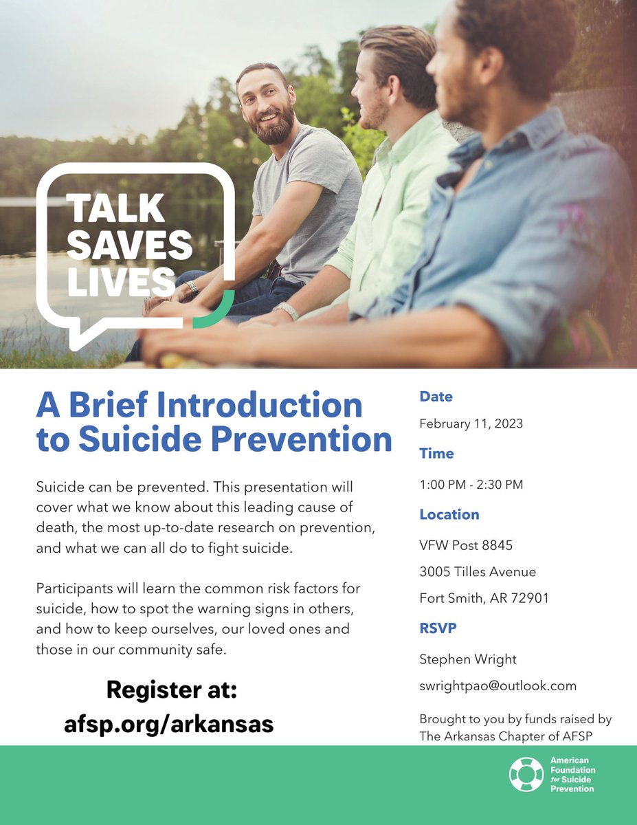 FtSmithARK's tweet photo. Sharing from our friends 
@FortSmithVFW
 
#TalkSavesLives an Introduction to Suicide Prevention is a community-based presentation that covers the general scope of suicide, the research on prevention, and what people can do to fight suicide. 

🔗 https://t.co/RDfeRvh44X https://t.co/AhPcYNUfVZ