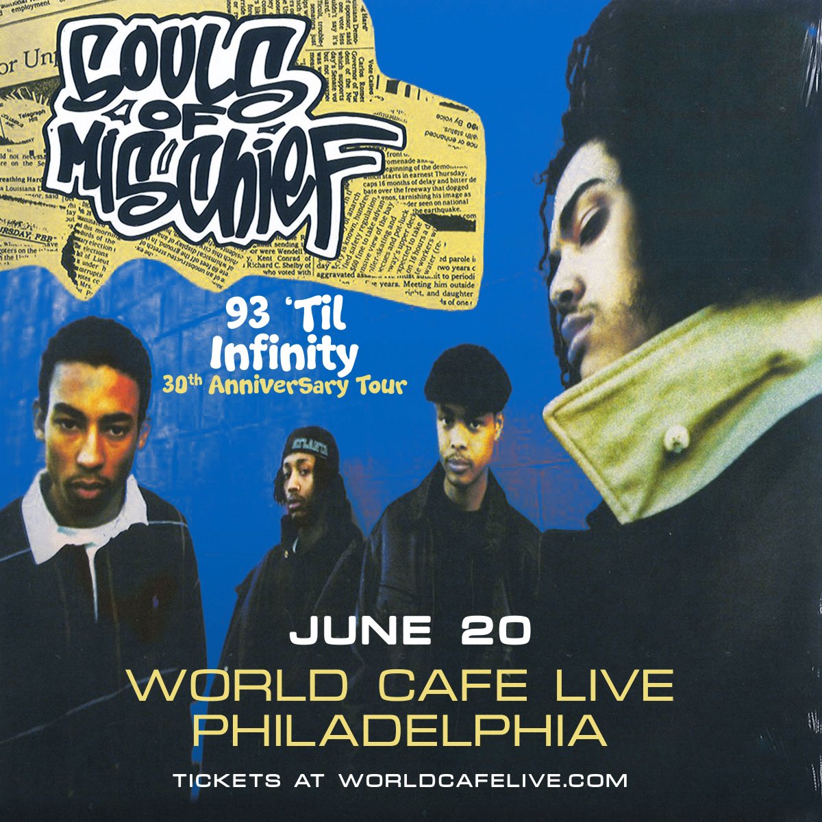 worldstage_live's tweet photo. *Just Announced* Souls of Mischief (@SOMHIERO) are celebrating 30 Years of '93 Til Infinity with a visit to 93 cities around the world! They come to Philly on June 20 - tickets on sale now: https://t.co/2mp3C1JfDB https://t.co/x6dur1O2Gj