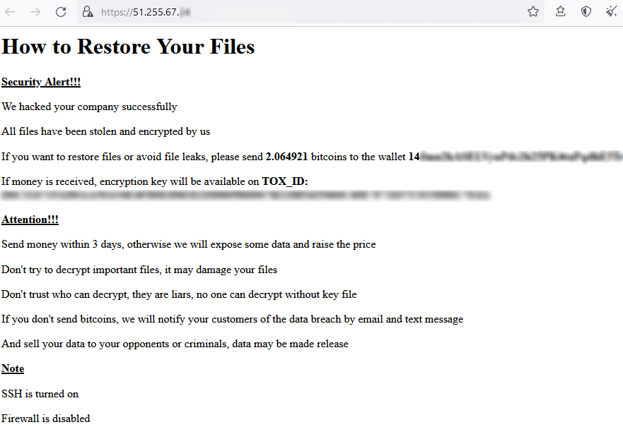 ido_cohen2's tweet photo. 🌐 A new #ransomware attack is spreading like crazy 🚨

Many VMware ESXi servers got encrypted in the last hours with this ransom note 🧐

What's interesting is that the bitcoin wallet is different in every ransom note. No website for the group, only TOX id 👀 https://t.co/mgyoLxbXvg