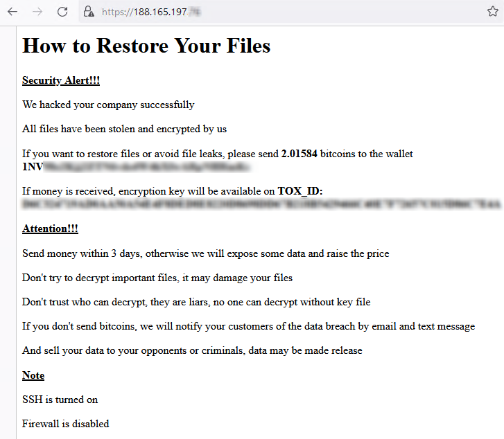 ido_cohen2's tweet photo. 🌐 A new #ransomware attack is spreading like crazy 🚨

Many VMware ESXi servers got encrypted in the last hours with this ransom note 🧐

What's interesting is that the bitcoin wallet is different in every ransom note. No website for the group, only TOX id 👀 https://t.co/mgyoLxbXvg