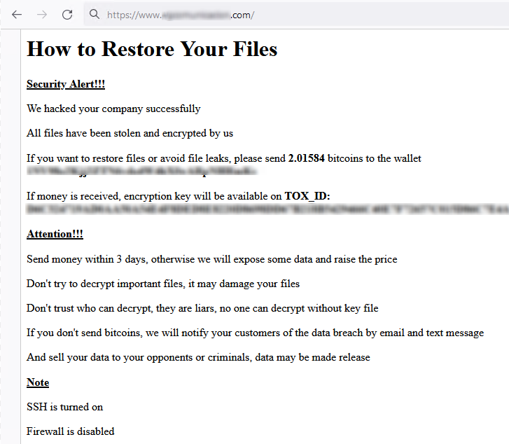 🌐 A new #ransomware attack is spreading like crazy 🚨

Many VMware ESXi servers got encrypted in the last hours with this ransom note 🧐

What's interesting is that the bitcoin wallet is different in every ransom note. No website for the group, only TOX id 👀