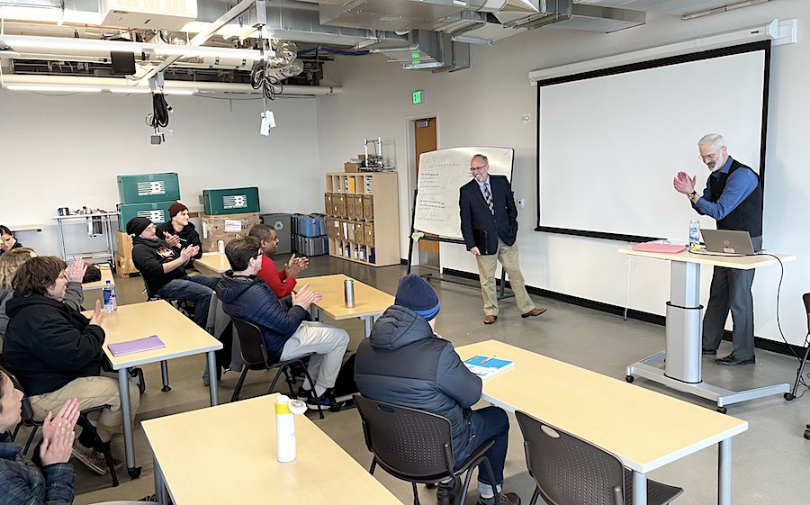 PortlandCC's tweet photo. 👏In honor of CTE Month, we spotlight today's PCC graduation of the 4th cohort of @intel's Quick Start Program at Willow Creek! The 15 students, chosen from 100, passed an intro class to advanced manufacturing! @SteveCallaway2 @CityofHillsboro @RepBonamici #orleg @OregonCTE https://t.co/cJgFuAdqX5