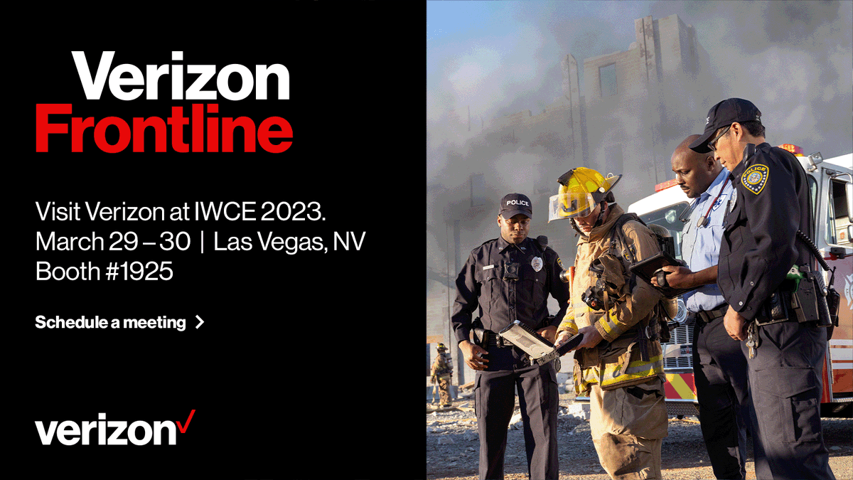 vzjdb2's tweet photo. Schedule a meeting with us at IWCE 2023 or stop by booth #1925 to check out our latest technology. Discover how Verizon Frontline is committed to providing reliable connectivity and communications for first responders who put their lives on the line every day https://t.co/jKRaWjYBmz