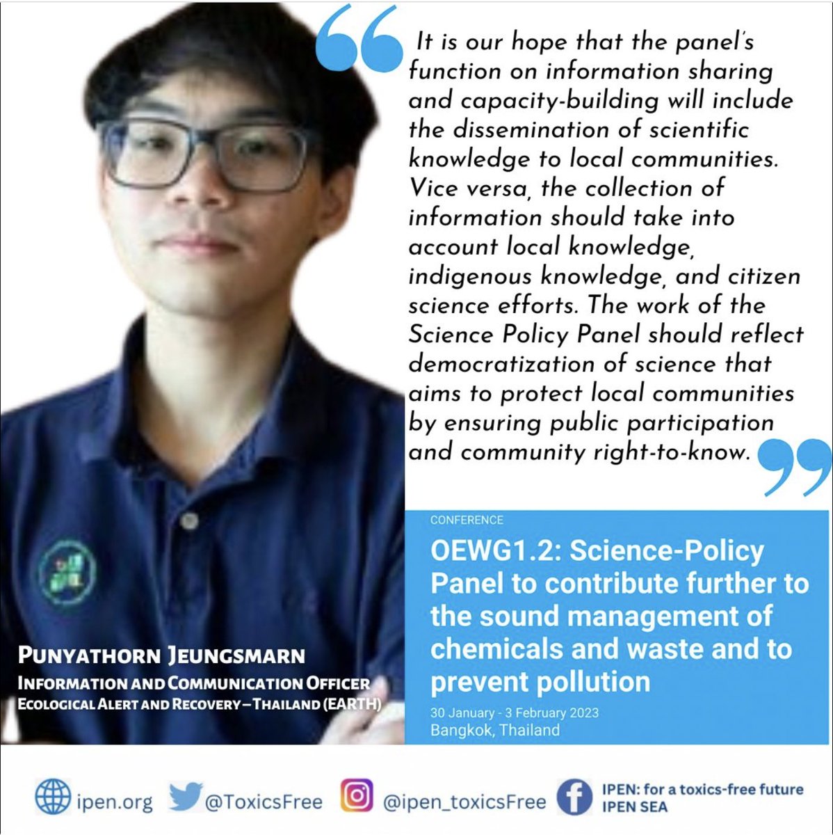 ToxicsFree's tweet photo. Punyathorn Jeungsmarn, Information and Communication Officer at EARTH Thailand ( มูลนิธิบูรณะนิเวศ ) calls for a #SciencePolicyPanel that reflects the democratization of science and ensures public participation and community right-to-know. More at https://t.co/eiF2ErUXd3 https://t.co/zhaqZXYb5U