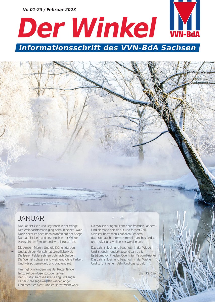 VVNBdASachsen's tweet photo. Winkel 01-23 erschienen

- Einweihung des F.I.R. Gedenksteins in Königstein
- Gedenken am 9. November 2022 in Löbau
- Baumpflanzungen für Opfer des KZ Buchenwald
- Erfahrungsbericht einer Teilnehmerin
- Nachruf: In memoriam Dietmar Wendler (1943–2022)

https://t.co/9juF7TZKiV https://t.co/SBUU84U1Tx