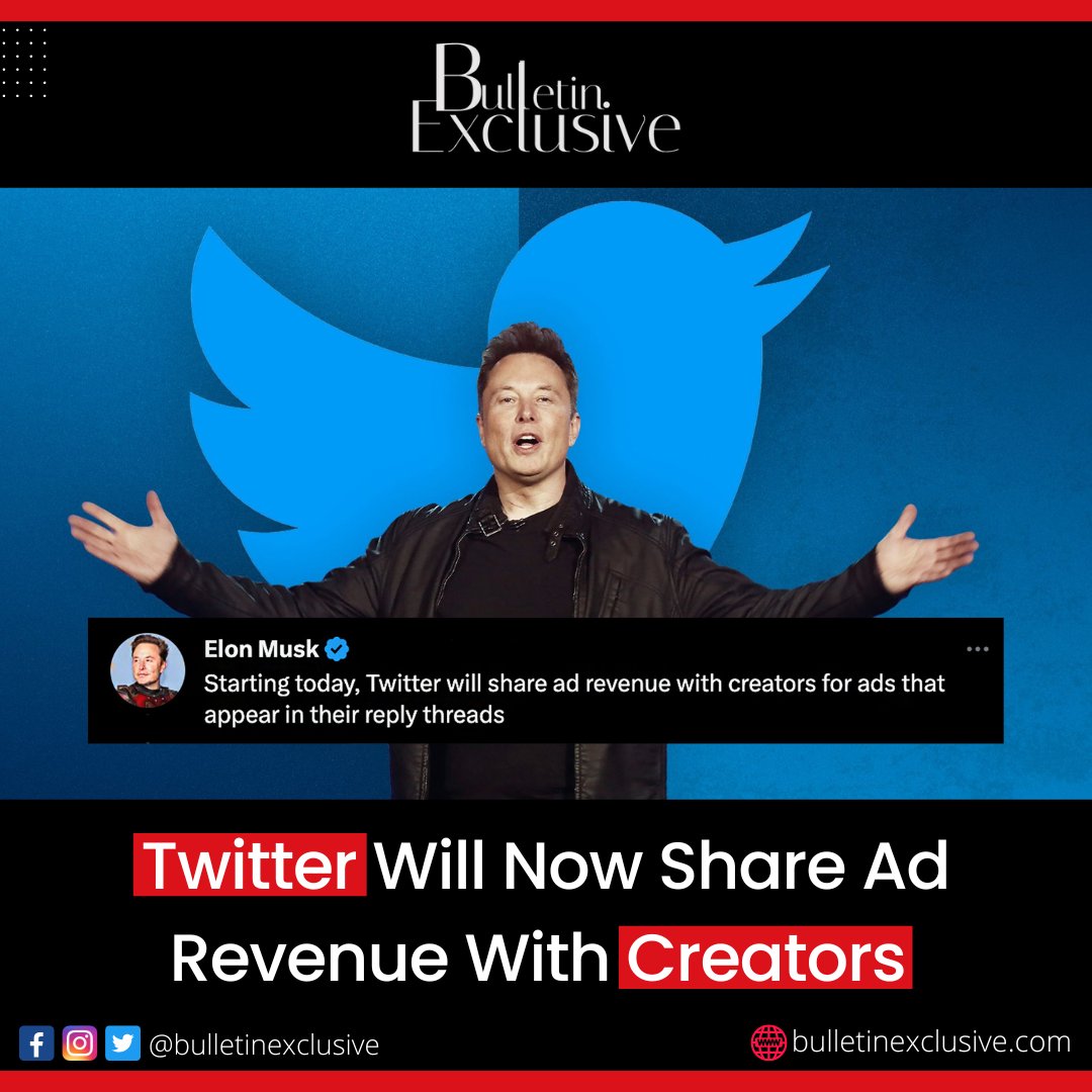BulletinExclus1's tweet photo. Twitter will now share revenue it makes from ads with creators.
Read More: https://t.co/jXlI6UcNkm
#BoycottImranBanPTI #anshaafridi #PakistanBankrupt #nikkah #KiaraAdvani #assistantcomissioner #Twitter #LGBTQ #ElonMusk #ISPR #ShaheenShahAfridi #AdRevenue #BlueTick https://t.co/ZqAy4WEp8b