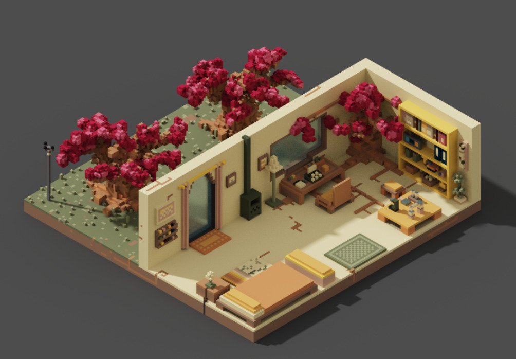 Así va quedando la habitación para Oniria Rooms 4, el juego que estamos haciendo en la #JuegosEnEspañol_GGJ para la <a href="/globalgamejam/">GlobalGameJam</a>.

#indiedev #voxel #magicavoxel