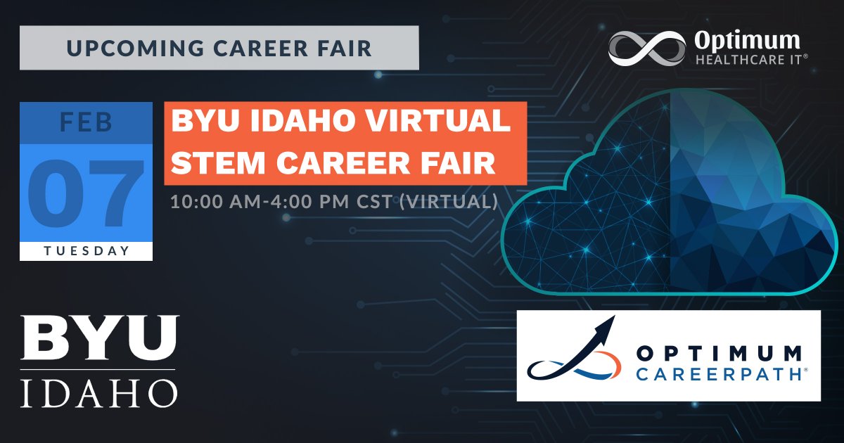 OptimumHIT's tweet photo. Marcia Meredith will represent our @OptCareerPath team at the @byuidaho Virtual #STEM #Career Fair on Tuesday, February 7th from 10 am - 4 pm CST.
We hope to see you there!
Register on Handshake.
#ThisisOptimum #ITworksforYou #talent #development https://t.co/lK7RkYkCzs
