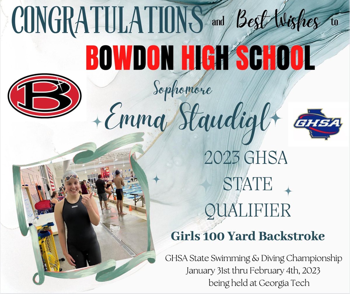 swim_bowdon's tweet photo. Emma is off to state! Come show your support tomorrow at 10am at Georgia Tech. @BowdonAD @BowdonHigh @BowdonStudents https://t.co/rN3XvYGZIm