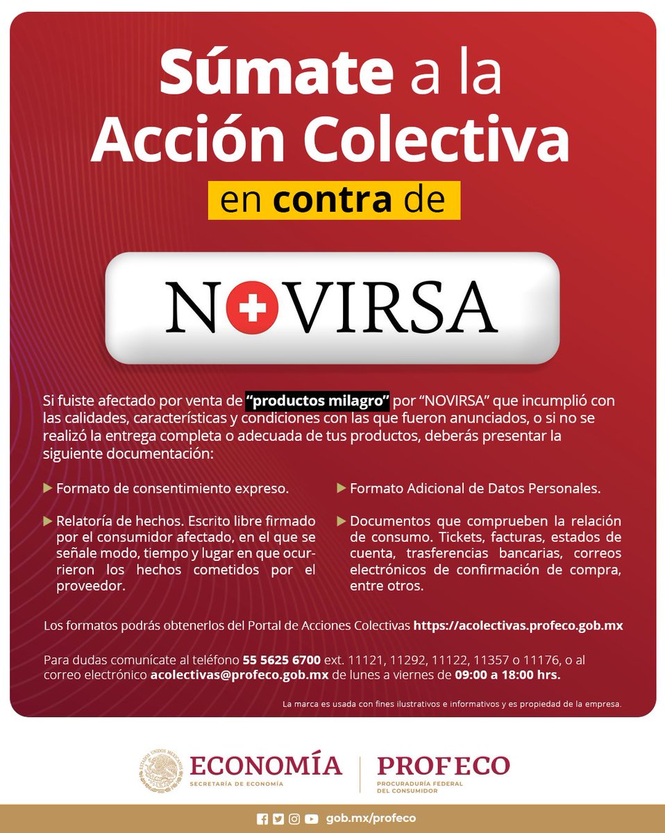 Profeco's tweet photo. 🔴Si fuiste afectado por productos milagro de #Novirsa por los siguientes motivos:
 
❌Incumplimiento con la calidad, características y condiciones
❌No entrega de productos
 
✔️¡Súmate a la #AcciónColectiva en su contra!
Descarga los formatos.👉 https://t.co/S0PtQIhMoz https://t.co/tixbwR2EXz
