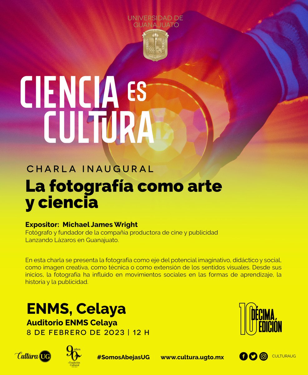 Regresa a la UG #CienciaEsCultura con la charla inaugural:

-La fotografía como arte y ciencia-
por Michael James Wright.

Auditorio ENMS Celaya
8 de febrero | 12 horas

#CulturaUG
#SomosAbejasUG