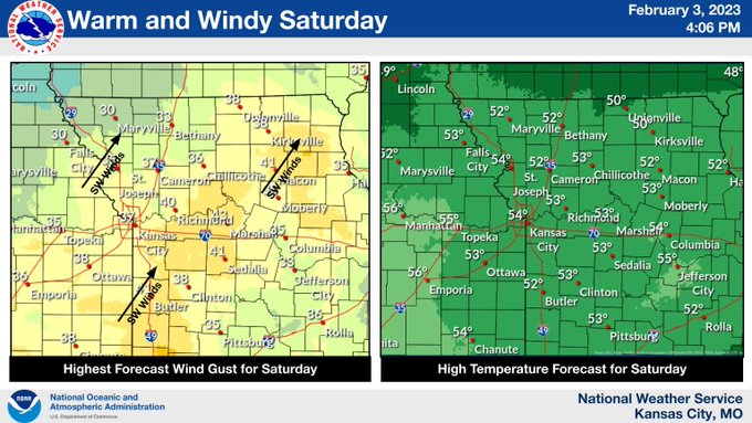 Two maps showing wind gust speeds and temperatures for Kansas and Missouri. Winds out of the southwest could gust as high as 35-40 mph. Temperatures across the area will be in the low to mid 50s.