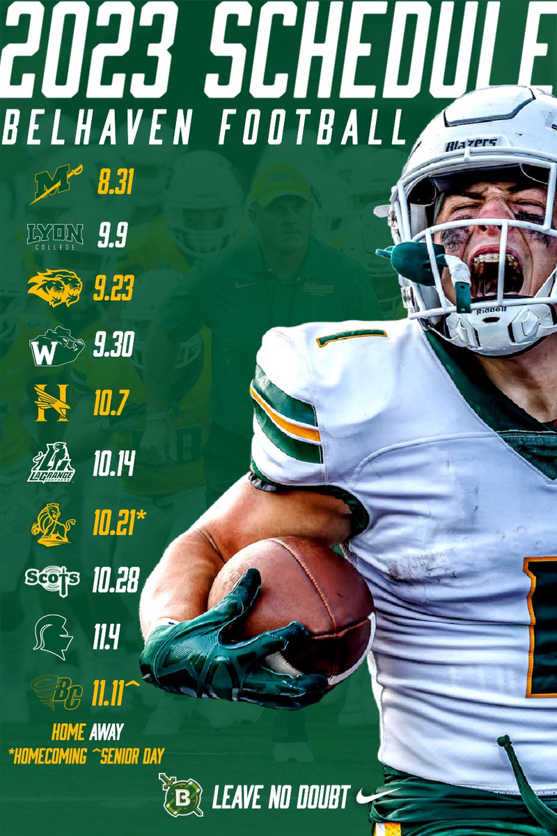 BelhavenBlazers's tweet photo. 🚨𝟐𝟎𝟐𝟑 𝐅𝐨𝐨𝐭𝐛𝐚𝐥𝐥 𝐒𝐜𝐡𝐞𝐝𝐮𝐥𝐞 𝐃𝐫𝐨𝐩🚨

The 2023 Belhaven Football schedule is here and the Blazers are primed for success coming off the best season in program history

📰 | https://t.co/vOPpGCpzEw
📅 | https://t.co/NPWVJlmITF

#GoBlazers #d3fb https://t.co/LV3guRk7U7
