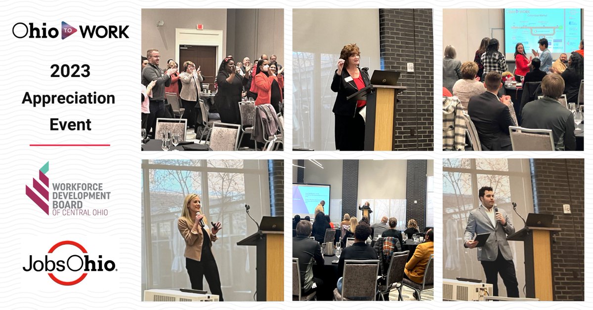 Workforce partners gathered to applaud Ohio to Work's outcomes, demonstrated by goal-breaking metrics in job placement, upskilling, &amp; career coaching. 

Attendees included <a href="/JobsOhio/">JobsOhio</a>, <a href="/CBUSRegion/">The Columbus Region</a>, <a href="/COTABus/">COTA Bus</a>, <a href="/FahlgrenMortine/">Fahlgren Mortine</a>, <a href="/cscc_edu/">Columbus State</a>, <a href="/OhioMeansJobs/">OhioMeansJobs</a>, <a href="/FedEx/">FedEx</a>, <a href="/OhioHealth/">OhioHealth</a> &amp; more.
