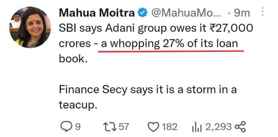 rishibagree's tweet photo. Total exposure of SBI in Adani group is less than 1% which is fully backed by collaterals. The debt are timely serviced. 

Wonder where @mahuamoitra is getting this 27% figure and why she is hell bound to create panic with her lies ?

This is nothing short of economic terrorism https://t.co/Snasj8FCpm