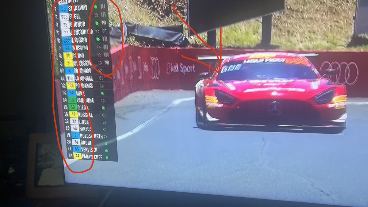 Change_Username's tweet photo. @Bathurst12hour Hi Guys, can you explain the white, green, blue, yellow and the green dots and stripes on the board and electric numbers on the cars https://t.co/Jpz3mLNq7l